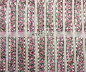 Indian Floral Striped Block Printed Fabric Natural Sanganeri Jaipuri Fabric / Fabric / 100% Cotton Fabric thumbnail-2
