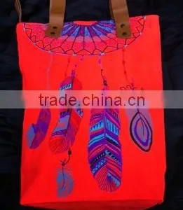 Hmong Indian Tote Neon Red Canvas Bag Feather Pattern thumbnail-1