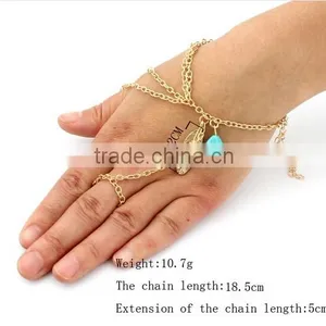 Bohemian Turquoise Bead Leaf Metal Finger Ring Multi Chain Hand Slave Bracelet thumbnail-2
