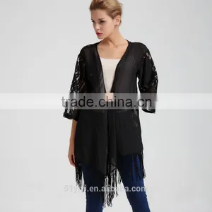 Women Kimono Sleeve Fringe Hemmed Lace Jacket thumbnail-2