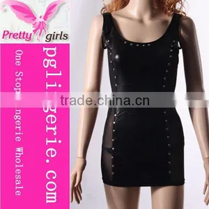 Sexy Adult PVC Leather Wet Look Black MINI Dress Black Rivet Bra Clubwear thumbnail-1