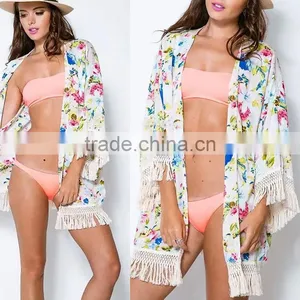 Chiffon Tassel Cardigan Cover-up Tops Women Floral Print Blouse Summer Swimwear Bikini Beach Cover Up Tops for Sexy Women thumbnail-1
