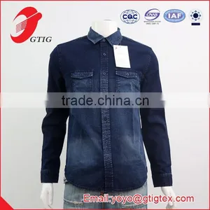 100% COTTON MEN LONG SLEEVE WOVEN CAUSUAL SHIRTS, INDIGO, SNOW WASH thumbnail-1