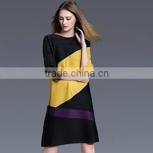 Female Patchwork Contrast Color Crinkle Spring A-line Dresses thumbnail-1