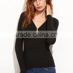 Black V Neck Zipper Ribbed Sweater Cotton Polyester Long Sleeve Pullovers Tight Sweater thumbnail-3