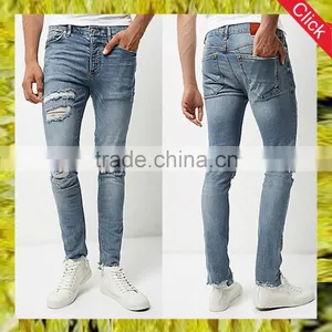 Men Five Pockets Light Blue Wash Super Skinny Ripped Jeans thumbnail-1