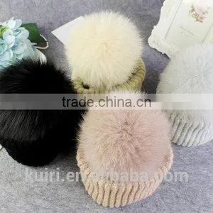 High Quality 15cm Fox Fur Real Sheep Wool Knit Beanie Hat With Fox Fur Ball thumbnail-5