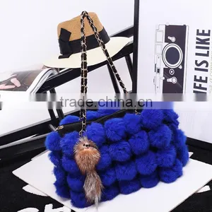 Korean Style Woman Rabbit Fur Ball Hand Bag Contrast Color Female Chian Bag thumbnail-4