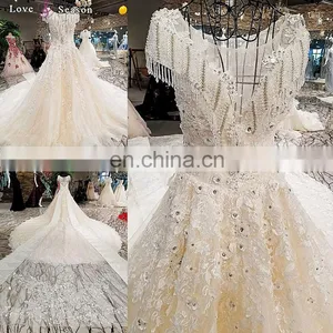 LS00308 Flower Pattern Elegant See Through Muslim Lace Bridal Lehenga Gown Empire Wedding Dress thumbnail-1