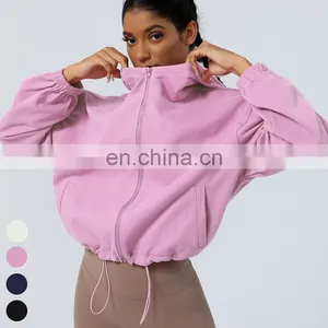 Drawstring Hoody Loose Casual Running Coat Zipper Sports Jackets Long Sleeve Gym Fitness Hooded Wear Yoga Jacket For Women thumbnail-1