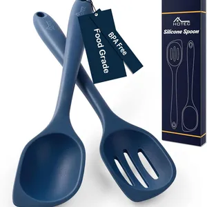 Heat Resistant Silicone Cooking Spoon Spatula, Large Kitchen Solid and Slotted Spoons for Mixing, Serving, Scraping, Non-stick, Dishwasher Safe Classic Blue 12.5inch thumbnail-1