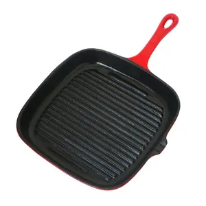 Enameled Cast Iron Steak Grill Pan - Square Skillet With Drip Spout, for All Cooktops, Perfect Grill Marks, Cardinal Red thumbnail-1