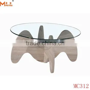 Wood Base Round Glass Top Table Coffee Modern thumbnail-3