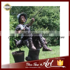 Sitting Tree Branch Bronze Child Fishing Statue thumbnail-2