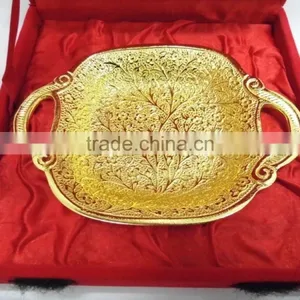 Beautiful Wedding Gift Gold Plated Brass Tray With Handle thumbnail-1
