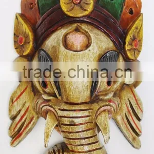 Hand Crafted Wooden Mask of Hindu Lord Ganesh Wall Hanging Made In Nepal thumbnail-1
