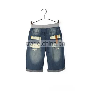 2016 Light Blue Contrast Color Latest Designer Printing Pocket Kids Printed Jeans With Roll Hem thumbnail-2