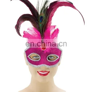 Pink & Tall Peacock Feather Masquerade Mask Party Accessory For Disguise Fancy Dress FM2011 thumbnail-1
