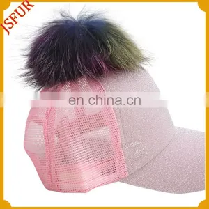 Fashionable Bling Bling Pink With Real Raccoon Fur Pompom Spring Hat thumbnail-1