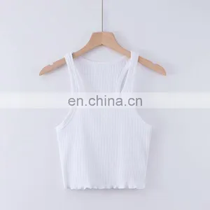 Wholesale Ladies Blank Rib Merrow Edge Sexy Women's Summer U Neck Basic Cotton Crop Top thumbnail-5