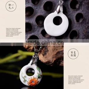 Czech Diamond Paved Enamel Famille Rose Porcelain Glazed Chrysanthemum Pendant Necklace thumbnail-6