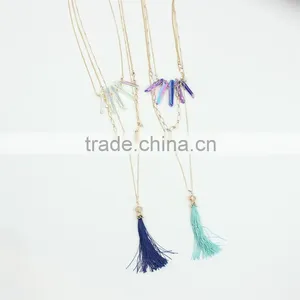 Fashion Boho Crystal Beaded Long Tassels Layering Fringe Pendant Necklace NNK-100974-1 thumbnail-4