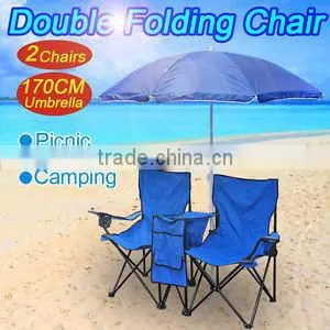 Picnic Double Folding Chair w/ Umbrella Table Cooler Fold Up Beach Camping Chair thumbnail-1