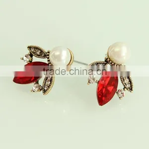 Red Rhinestone Horse Eye Earrings With Big Pearl thumbnail-2