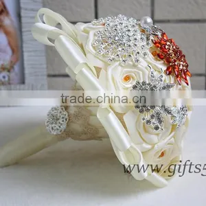 Amazing Wedding Bouquet With Rhinestones Beadings Pearls and Glaring Jewels Satin Ribbon Bow Knot thumbnail-1