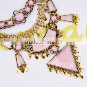 Fashion Women Pink Arcylic Gems Gold Plated Alloy Necklace Jewelry thumbnail-3