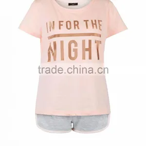 Wholesale Pink Nightwear Pyjamas Set Gold Foil Print 100% Cotton Sleepwear Set Shorts With Piping thumbnail-4