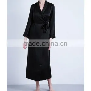 Customize Ladies Luxury Silk Full Length Robe, Long Sleeve Dressing Gown, Black Lapels Long Length Dressing Robe thumbnail-1