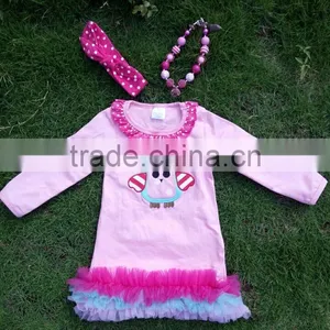 Pink Girls Dress New Design Ruffle Dress Clothes 100%cotton Cute Owl Children Kids Clothes With Matching Necklace and Headband thumbnail-1