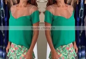 Gauze Stiching Chiffon Short Sleeve Blouse Summer New Design Blouse thumbnail-1