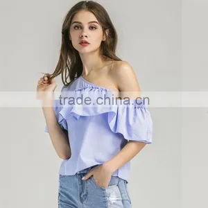 HOT Style Plaid Flouncing Short Sleeve, Women Sexy One-shoulder Blouse thumbnail-6