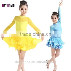 2016 New Fashion Girls High Neck Long Sleeve Performance Dress Child Kids Rhinstone Sequin Mesh Sexy Latin Dance Dress thumbnail-1