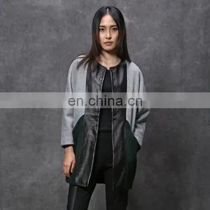Wool Coat With Leather Patchwork Design for Women thumbnail-6