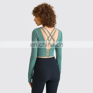 Customized Backless Built In Bra Yoga Crop Top Padded Gym Sportswear Training Workout Fitness Outwear For Women thumbnail-1