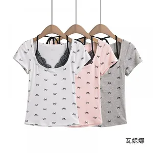 French-style Casual T-shirt With Floral Lace Trim and Bow Detailing, Featuring a Strapless Design and Short Sleeves. thumbnail-2