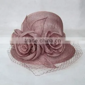 Round Top Sinamay Church Hat With 2 Flowers Decoration-Grey thumbnail-1