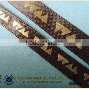 7mm Shiny Gold Foil Printing Brown Satin Ribbon thumbnail-1