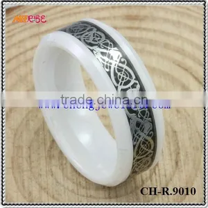 Gold Pattern and Black Carbon Fiber Inlay White Ceramic Rings thumbnail-1