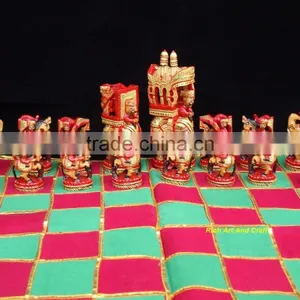 Hand Crafted Hand Painted Artisan India Art & Craft Fine Carvin Wooden Chess Set thumbnail-5