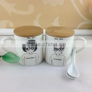 10oz Ceramic Wood Lid Couple Coffee Mugs thumbnail-1