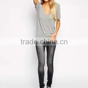 Custom Sexy Wide Neck Girls Slim Fit Blank T-shirt thumbnail-2