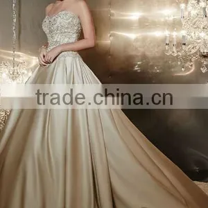 New Backless Satin Beaded Champagne Colored Bridesmaid Dresses thumbnail-1
