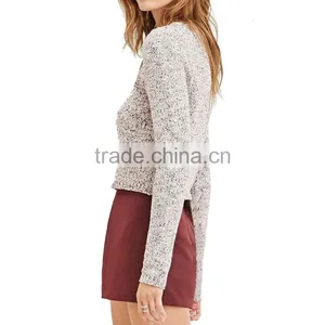 Marled Short Body Rib-knit Cuffs Long Sleeve Pullover Cotton Knit Sweater thumbnail-2
