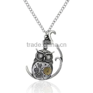 New Fashion Steampunk Necklace Link Curb Chain Antique Silver Halloween Owl Moon Gear Pendant With Clear Rhinestone thumbnail-1