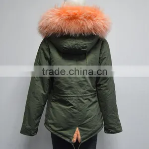 New Style Orange Stripe Faux Fur Lined With Raccoon Fur Collar Fur Coat for Woman thumbnail-2