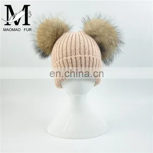 Kids Removable Fur Bobble Hat Winter Double Pom Pom Hat Crochet Kids Hat thumbnail-1